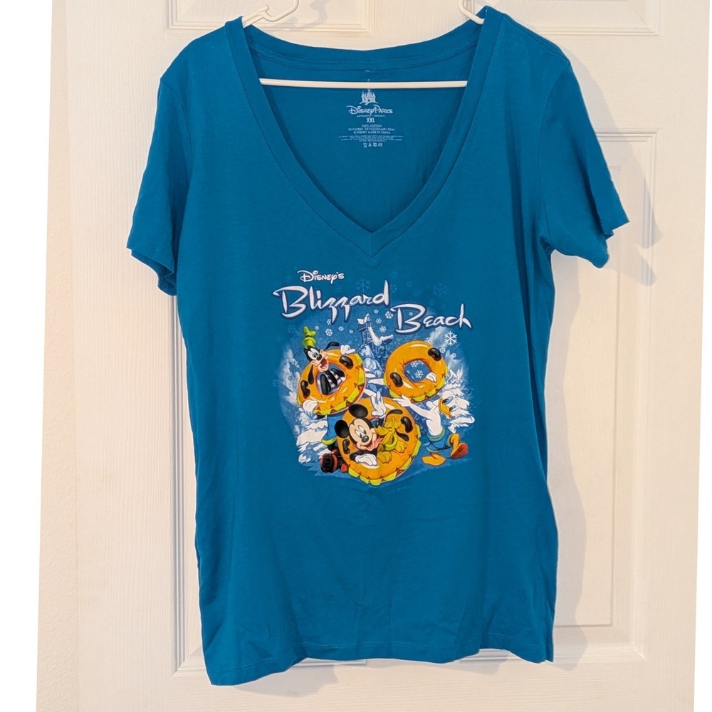 Disney Parks Blizzard Beach Mickey‎ Donald Goofy V-Neck Graphic T-Shirt Blue XXL